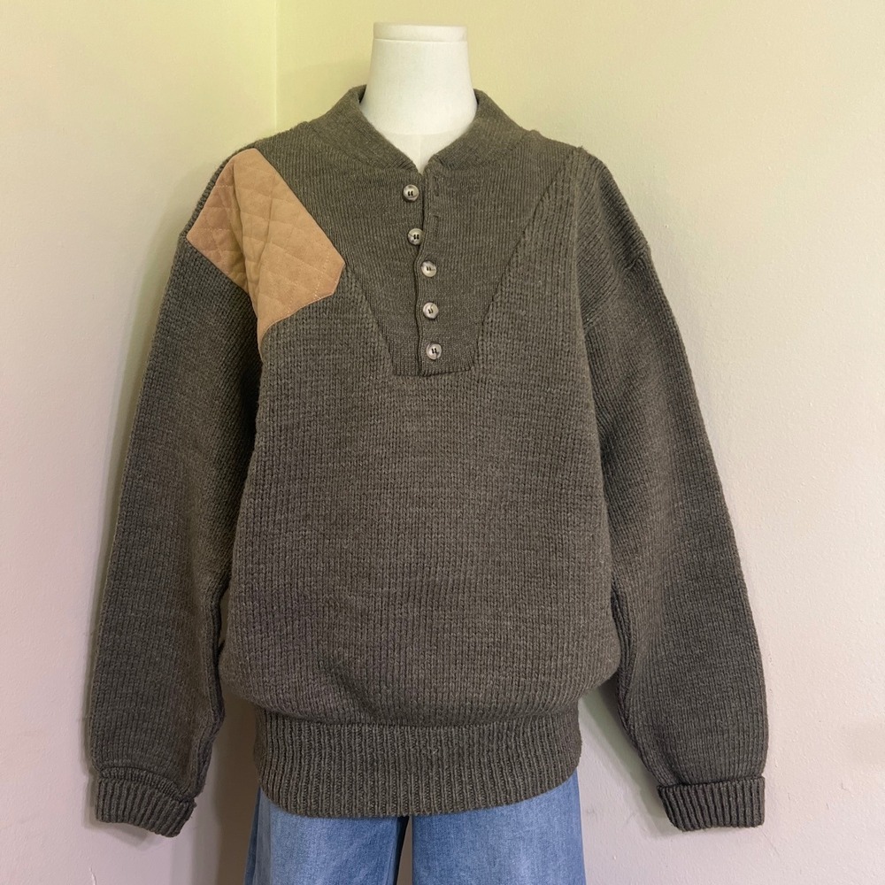 Remington Outdoor Clothing Wool Blend Henley Sweater Olive Green Patch Large